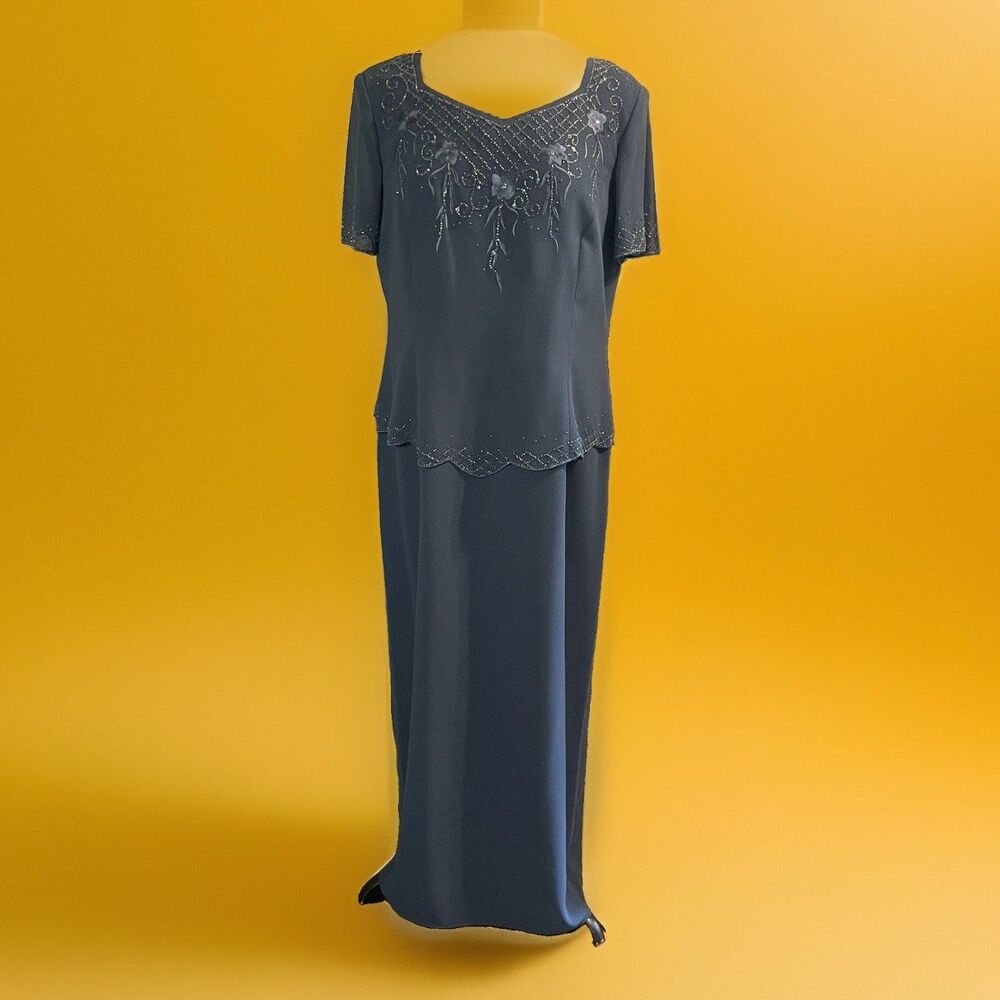 R&M Richards Mother Of  The Bride Formal Dress Sz 14 Blue Beaded Evening Gown